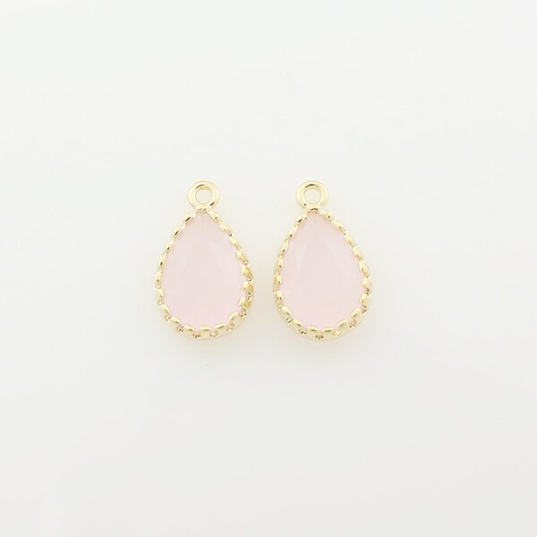 G000703P/Ice Pink/Gold plated over brass/Small tear drop shape tooth framed faceted glass pendant/8mm x 13.5mm /2pcs