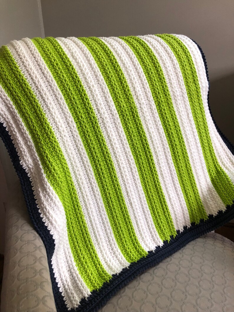Lime Green White & Navy Blanket / Crochet Blanket / Etsy