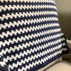 Crochet Navy Baby Blanket / Granny Stripe  / Crib / Nursery / Nautical / 100% Cotton