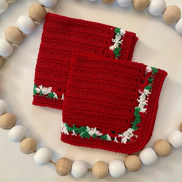 CHRISTMAS / Red & Multi Edge Dishcloths / Dish Rags / 100% Mercerized Cotton