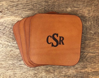 Posavasos de cuero con monograma - Juego de 4, posavasos de cuero, posavasos personalizados, posavasos con monograma, posavasos personalizados, regalo de boda