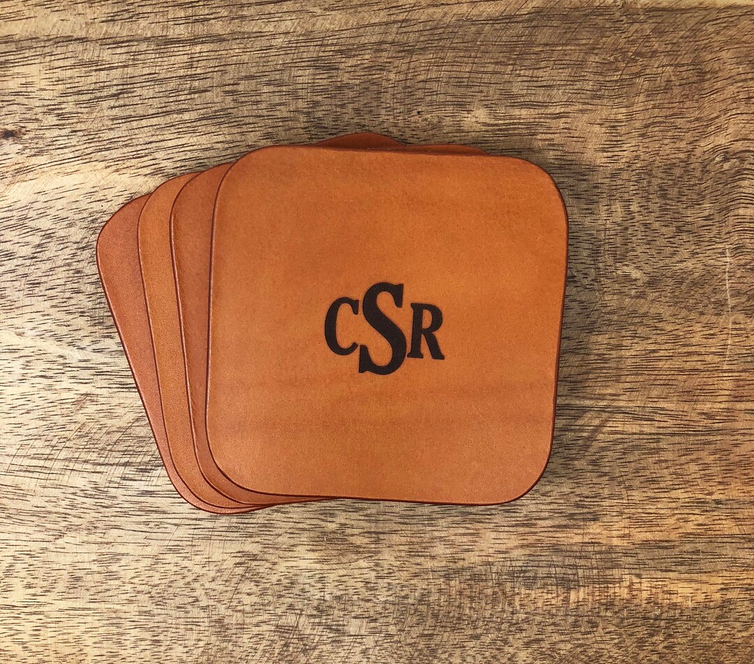Monogrammed Leather Coasters Set of 4, Leather Coasters, Personalized