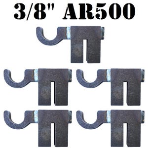 May include: Set of four 3/8" AR500 steel targets. Each target is made of heavy-duty steel and features a curved hook for hanging.