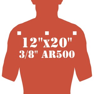 May include: Silhouette of a person in orange with the text "12"x20" 3/8" AR500" in white. The image is a target design, likely for shooting practice. The dimensions are 12 inches by 20 inches.