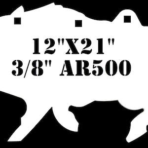 May include: White silhouette of a wild boar with the text "12"X21" 3/8" AR500". The boar has a detailed outline and is designed with three hanging holes. The dimensions are 12 inches by 21 inches.