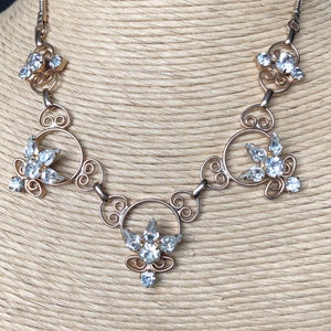 Vintage Rhinestone Necklace: Gold Tone Nouveau Costume Jewelry