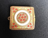 Antique French Ormolu Told Toned Metal with Red Jewels Mother of Pearl and Green Enamelled Leaves. Trinket Box Compact ChatBelaine