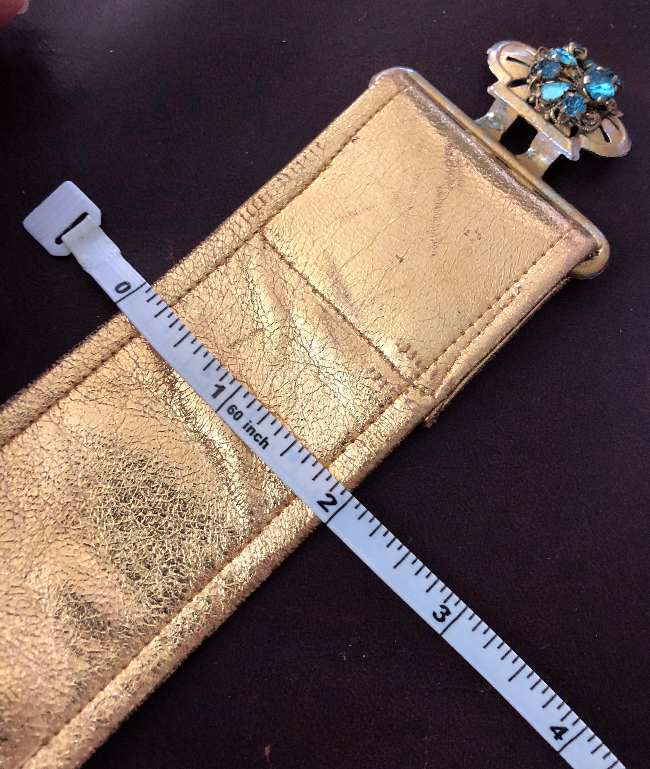 Vintage Gold Lamé‎ Appliqué Belt S Victor Essenow 1970 Paris Vintage Gold Leather Metal Rose  main image 2