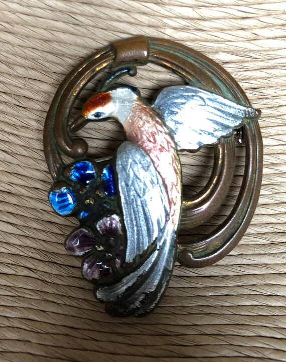 Vintage Art Deco Influence Enameled Bird on Coppe… - image 2