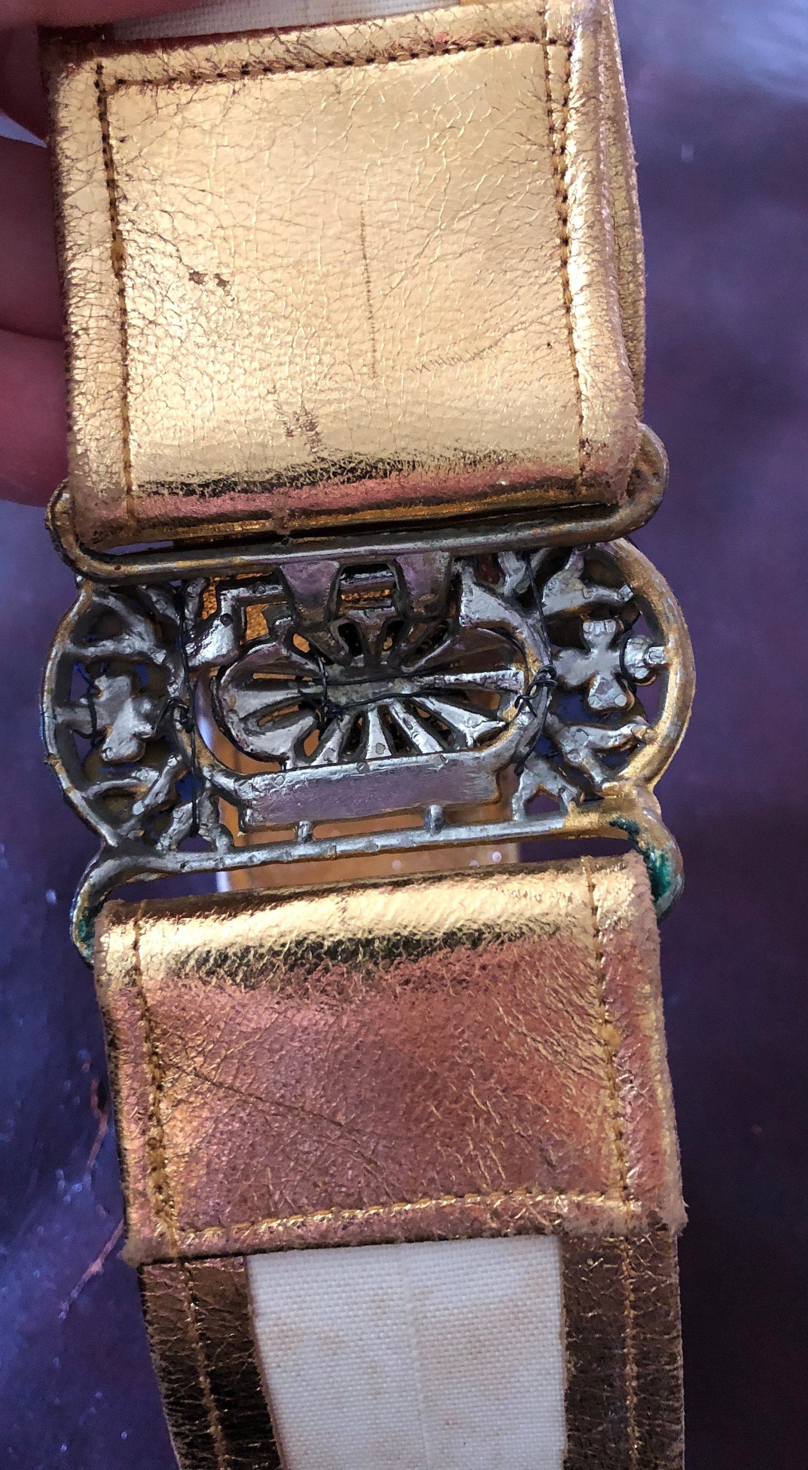 Vintage Gold Lamé‎ Appliqué Belt S Victor Essenow 1970 Paris Vintage Gold Leather Metal Rose  main image 4