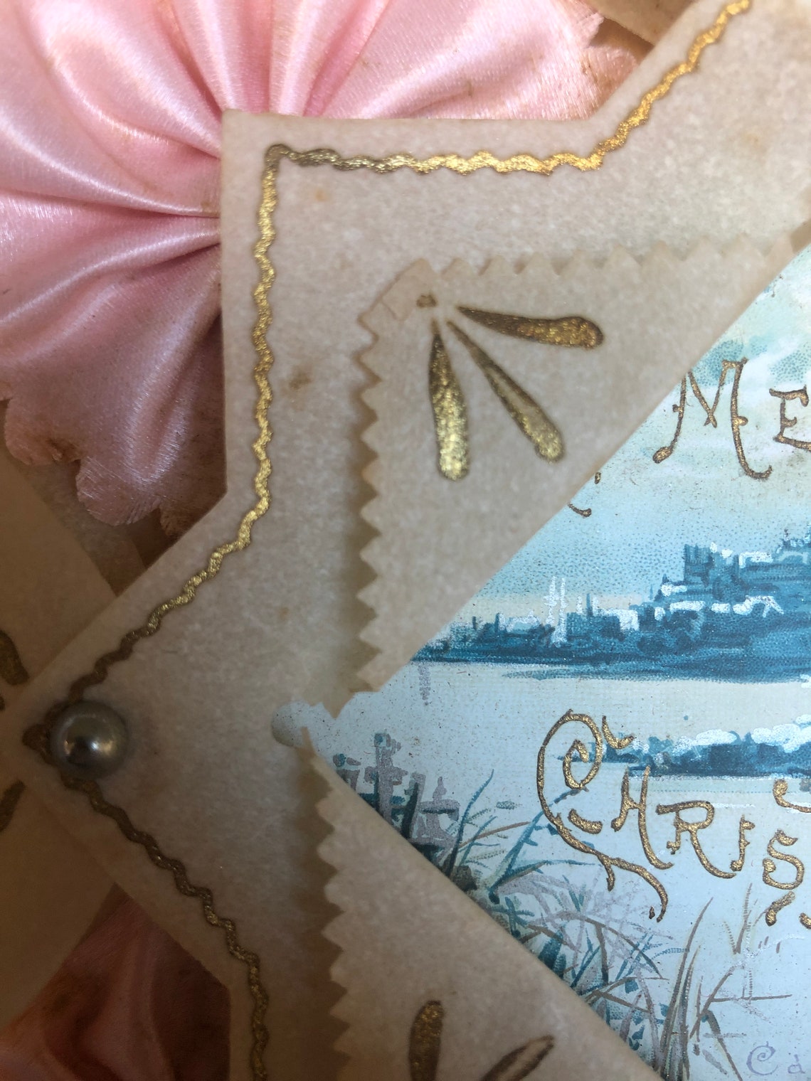 Antique Craft Art Parchment Paper and Silk Ribbon Frame With Rivet and Gold Painted Detail