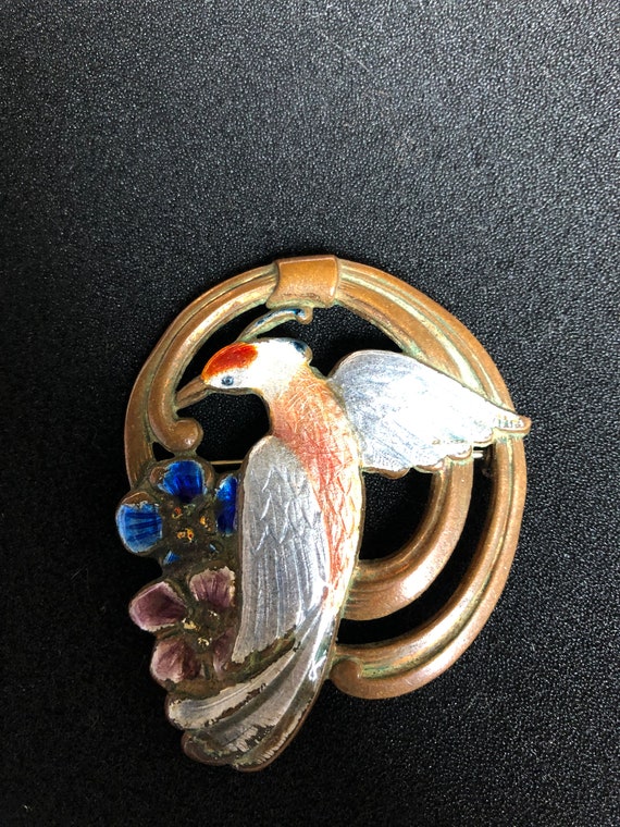 Vintage Art Deco Influence Enameled Bird on Coppe… - image 1