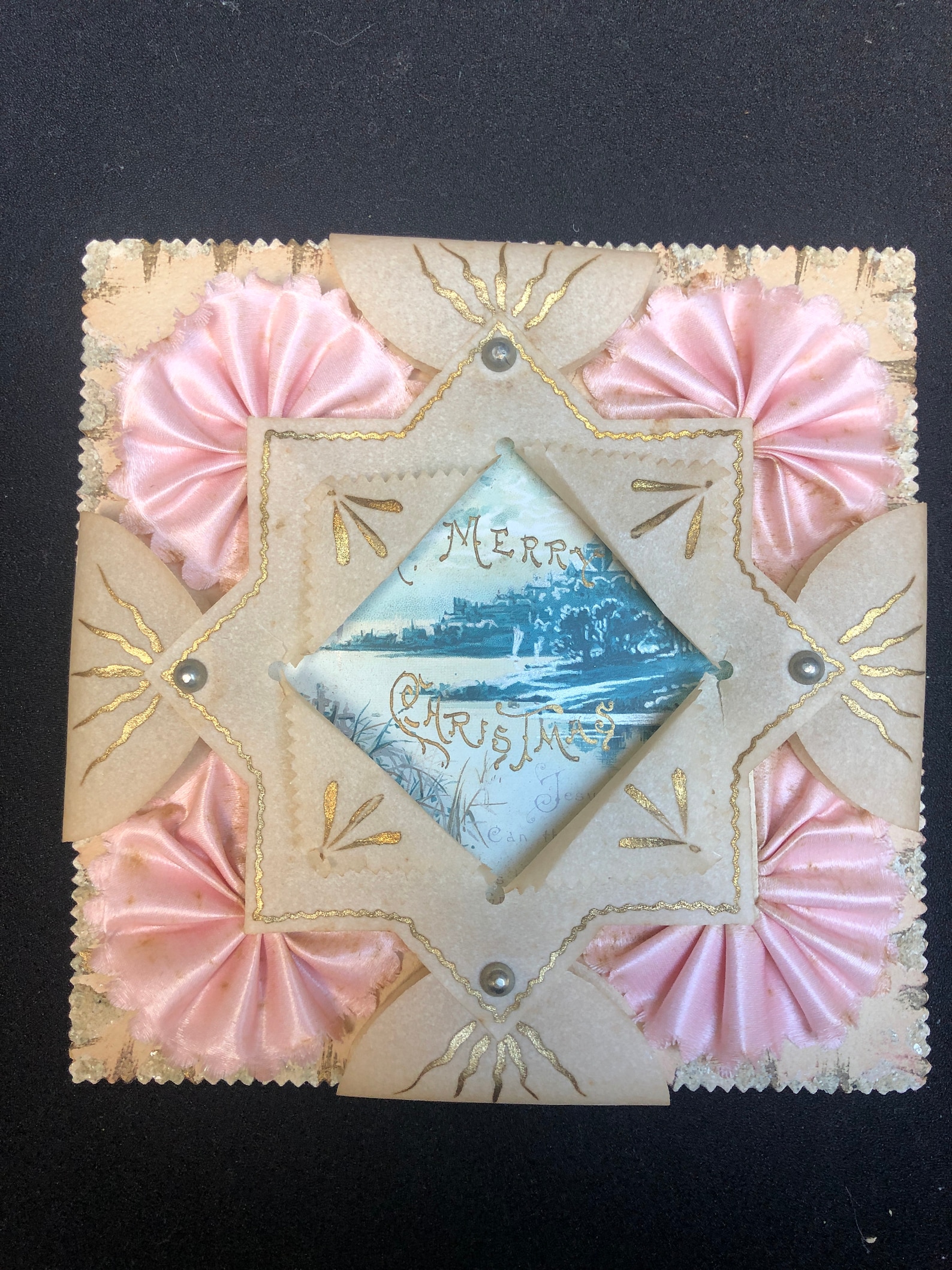 Antique Craft Art Parchment Paper and Silk Ribbon Frame With Rivet and Gold Painted Detail