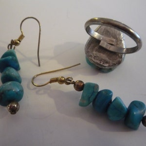 Vintage Chunky Turquoise Drop Earrings and Adjustable Ring