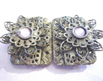 Antique Filigree Rectangle Belt Buckle with Purple and Green Stones! Gorgeous! Vintage MGC Silver Tone Stones CZ Faceted Green Purple  main image 4