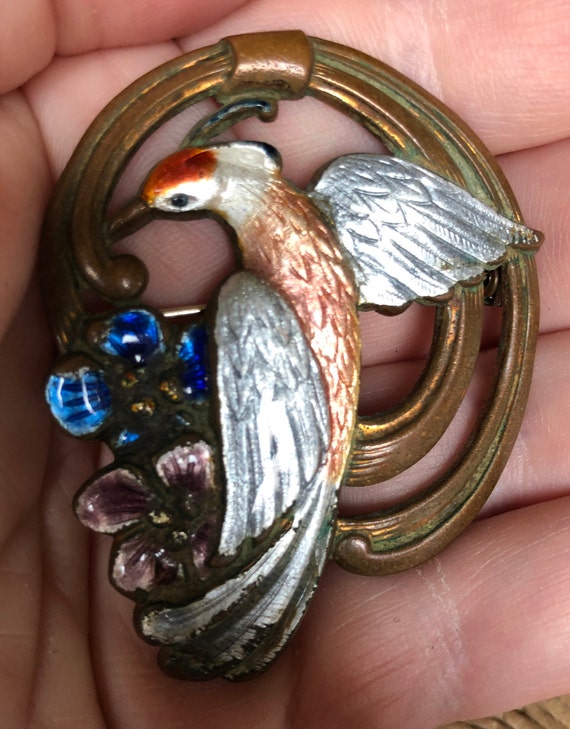 Vintage Art Deco Influence Enameled Bird on Coppe… - image 4