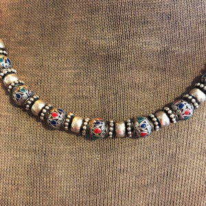Vintage Sterling Silver Enamel Bead Necklace: Tribal Ethnic Design