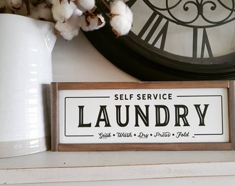 READY MADE - Small Self Service LAUNDRY Wood Sign Farmhouse Style Painted Framed Home Decor - 30.5 x 11.5cm - Ships in 1-3 days