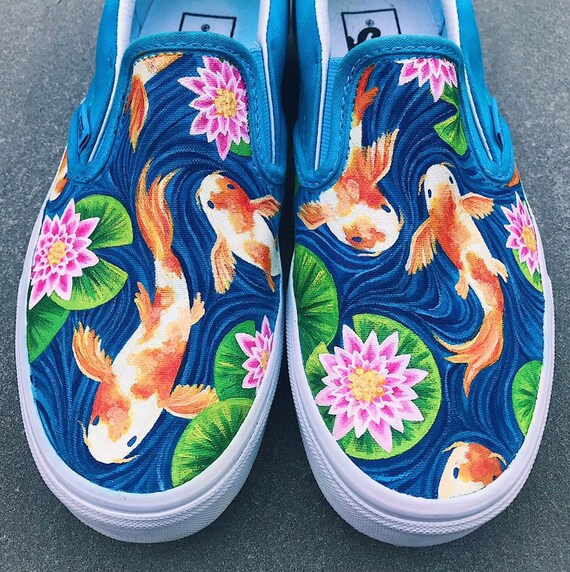 Koi Fish and Water Lily Handpainted Canvas Shoes Vans | Etsy