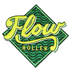 May include: A diamond-shaped embroidered patch featuring a green background with black wavy lines. The word Flow is stitched in large, bright yellow script letters, and the word ROLLER is stitched below in smaller, yellow block letters.
