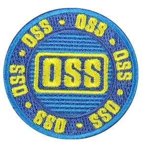 May include: A circular embroidered patch featuring a bright blue background with horizontal lines. The text DSS is stitched in yellow in the center within a rectangular border, and the text DSS is repeated in yellow around the outer edge.