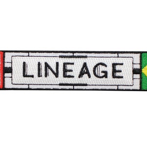 May include: A rectangular embroidered patch featuring a white background with a red circle on the left, the word LINEAGE in black capital letters in the center, and a green, yellow, and blue Brazilian flag design on the right side.