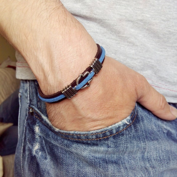 Silver Hamsa Leather Bracelet. Jewish Male Jewelry with Magnet