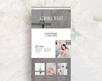 May include: A website homepage for a wedding photographer named Aurora West. The website features a photo of the Eiffel Tower in Paris, France, and text that reads "Elevated Imagery for the Joyful Couple".