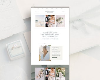 May include: A website design for Margo Abbott, featuring wedding photography. The site showcases images of a bride on a beach, a couple toasting champagne, and a bouquet. The text reads "Fresh, Romantic Images for the Well Traveled Couple."