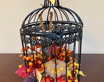 Glittery Vintage Bird Cage Fall Floral Arrangement
