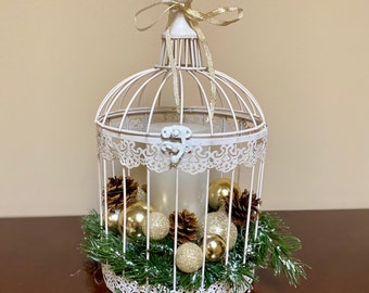 Sparkle Christmas Bird Cage with Frosted Pine & Lovely Pearl Pillar Candle
