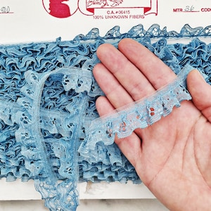 May include: A roll of blue lace trim with a ruffled edge. The trim is 36 yards long and has a code of 3C. The trim is made of 100% unknown fibres.