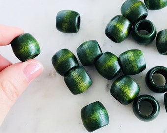 17x16mm GREEN WOOD BEADS || Vintage || 5/8 Inch || Barrel || Large 10mm Hole || Wooden Macrame Beads