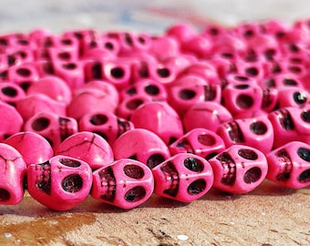 50 Pieces || 8x6mm SUGAR SKULL BEADS || 0.71 Inch || Magnesite || Bright Pink || Day of the Dead || Full 15" - 16" Strand