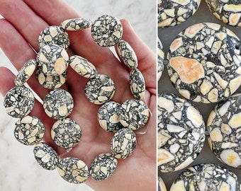 20mm TERRAZZO STONE BEADS || 20 Piece Strand || Semi-Precious Reconstructed Stones || Flat Round Coin Shape || Grey with Peach Yellow Chips