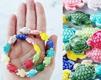 12 Inch Strand of 18x14mm Ceramic Turtle Beads in Assorted Colours || Porcelain Tortoise Beads, with 2mm hole, in Mixed Colors.