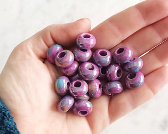 15mm CERAMIC PURPLE BEADS || Large Hole Macrame Bead || Rustic Purple Glaze || European Style Charm Bead