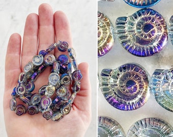 24" Strand of 12mm Glass Nautilus Shell Shaped Beads || Half Inch || Approx 50 Pieces || Indigo Purple Blue Electroplate Finish