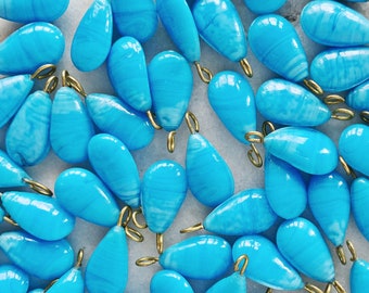 15mm BLUE GLASS CHARMS || Sky Blue Raindrop Pendant with Brass Loop