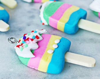 1 Piece || 30x17mm POLYMER CLAY PENDANTS || 1.18 Inch Charm || Ice Cream Lolly Popsicle || Blue Yellow Pink