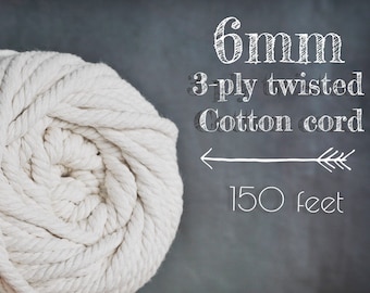 6mm COTTON MACRAME CORD || 150 Foot Rolls || 3-ply Twisted || Natural Unbleached Rope || Thick Craft Yarn