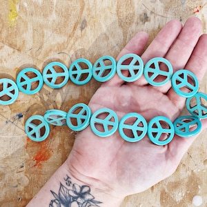 16 Pieces || 25mm PEACE SIGN BEADS || 1 Inch || Magnesite || Turquoise Blue || Full Strand