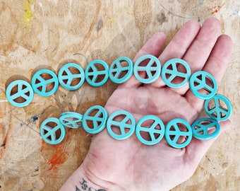 16 Pieces || 25mm PEACE SIGN BEADS || 1 Inch || Magnesite || Turquoise Blue || Full Strand