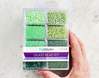 GLASS BEAD KIT || Seed Bead Mix Pack || 2-7mm Beads || 45g or 1.6oz Package || Round Tube Beads || Green