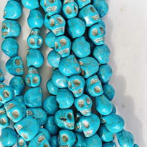 32 Pieces || 12x10mm SUGAR SKULL BEADS || 0.47 Inch || Howlite || Turquoise Blue || Day of the Dead || Full 16&quot; Strand