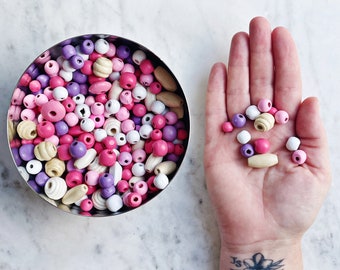 7mm - 20mm ASSORTED WOODEN BEADS || Mix of Sizes, Shapes, and Colours || Purple, White, Pink, Tan || Barrel, Round, Disk, Beehive Bead