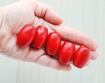 32x22mm VINTAGE WOOD BEADS || 1.26 Inch || Bright Red || Large Hole || Wooden Macrame Bead