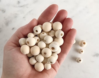 10-16mm ROUND WOOD BEADS || Set of 60 || Unfinished Wooden Large Hole Macrame Bead