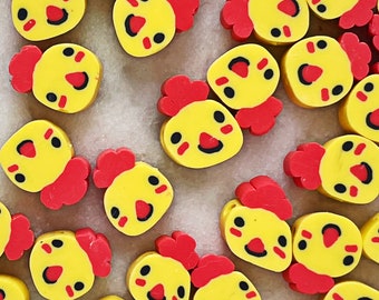 20 Pieces || 12x8mm POLYMER CLAY BEADS || 0.47 Inch || Poultry Chicken Rooster || Red, Yellow, & Black || 4mm Thick || 1.5mm Hole