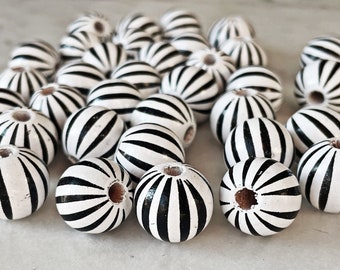 15mm BLACK STRIPED BEADS || 0.6 Inch || White and Black || Wood || 4mm Hole